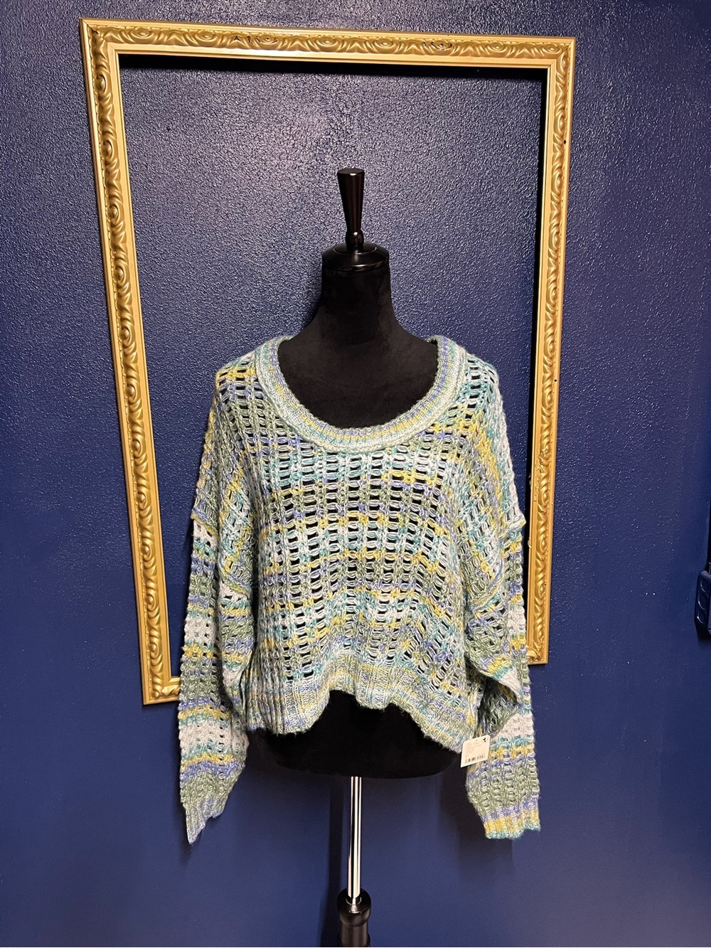 We The Free Open-Knit Scoop Neck Sweater in Light Blue with Multicolor Flecks